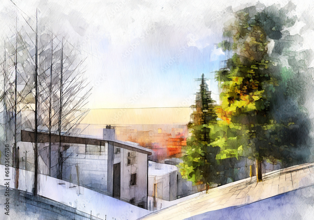 Fototapeta premium watercolor illustration of a winter atmosphere with snow covering ground and some pine trees