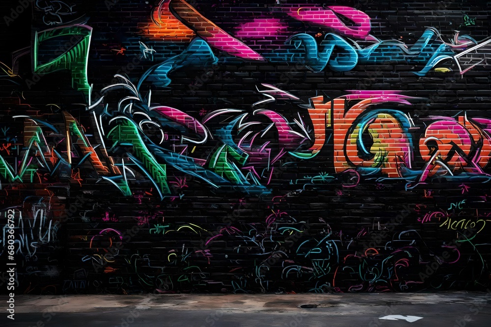 Naklejka premium A black brick wall adorned with neon graffiti, creating a mesmerizing urban scene.