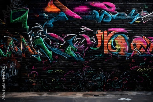 A black brick wall adorned with neon graffiti, creating a mesmerizing urban scene.