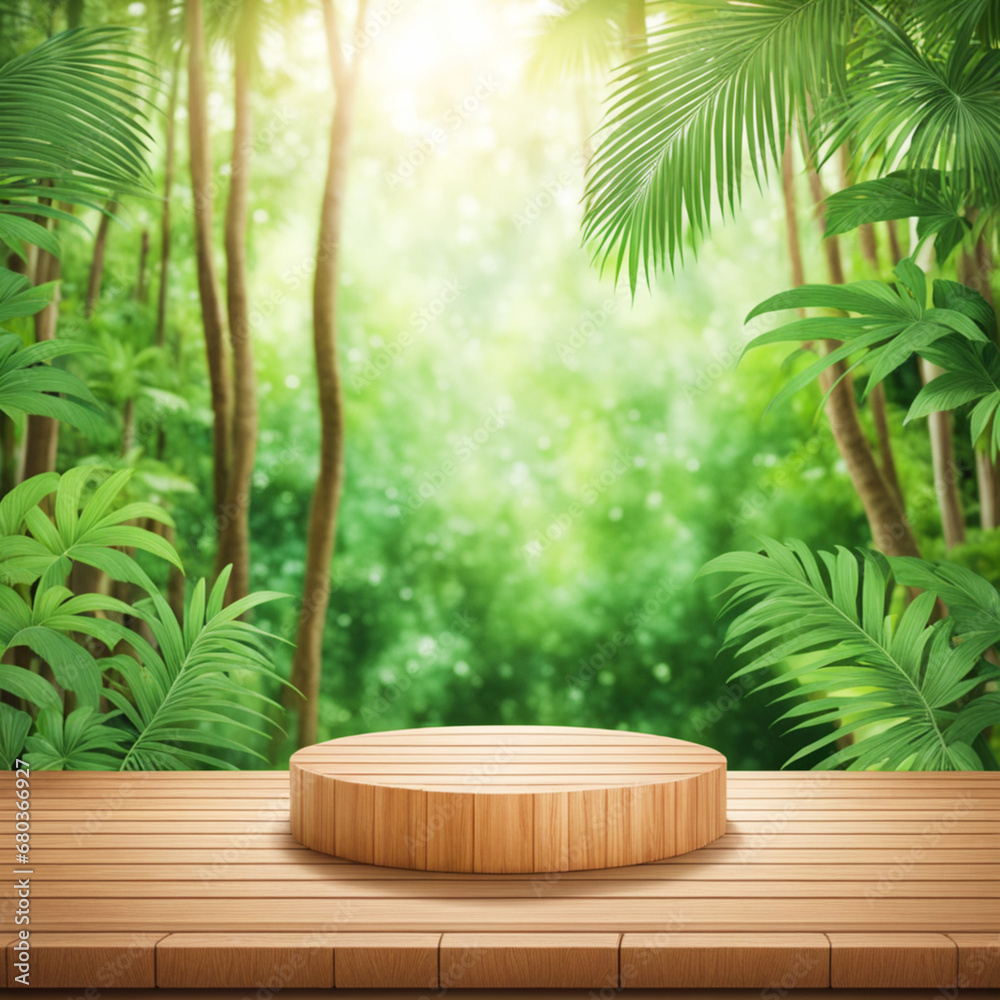 Wooden podium in tropical forest for product presentation and green background. Wooden podium in tropical forest for product presentation and green background.