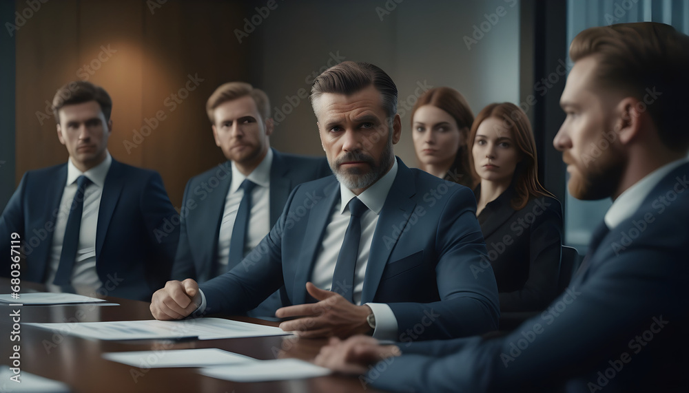 A prosperous businessman and his crew are seated in a boardroom.