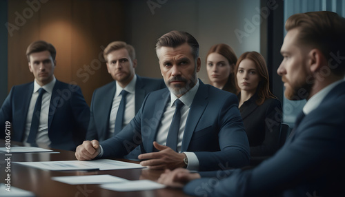 A prosperous businessman and his crew are seated in a boardroom.