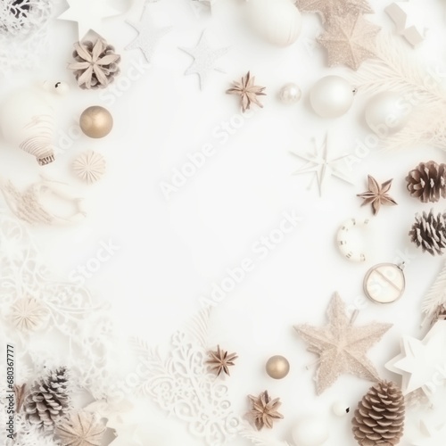 Christmas background, copy space at center, soft white color theme with ornaments and festival decoration items 