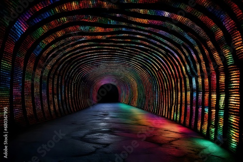 A black brick tunnel illuminated by a mesmerizing pattern of rainbow-colored lights.