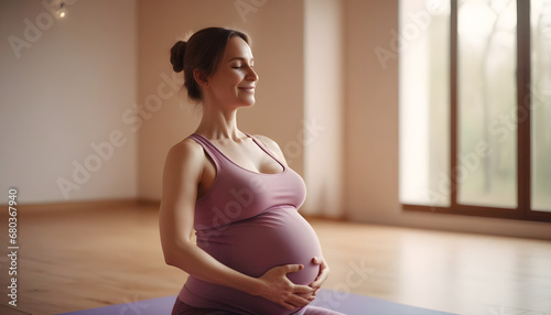 In a yoga session, pleased pregnant ladies enjoy a healthy lifestyle.

