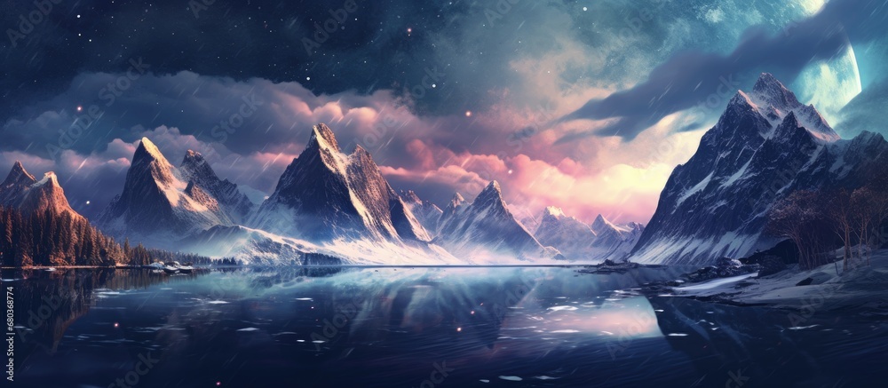 The abstract background of the landscape showcases a stunning combination of water and sky, with light filtering through the clouds, illuminating the stars, moon, and nearby mountains. The natural