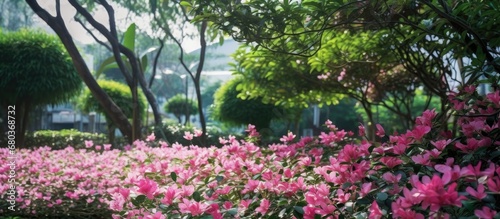 The beautiful pink blossoms garden add a touch of natural beauty to the summer background, surrounded by the vibrant green and red plants, making Thailand a truly stunning destination to experience