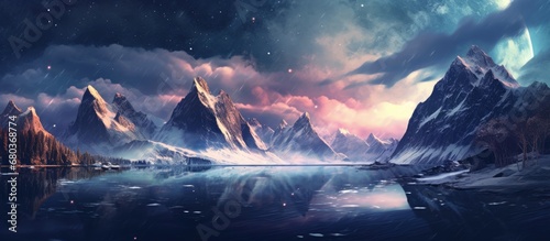 The abstract background of the landscape showcases a stunning combination of water and sky, with light filtering through the clouds, illuminating the stars, moon, and nearby mountains. The natural