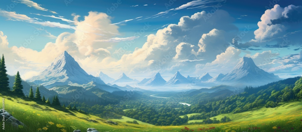 Obraz premium serene backdrop of a picturesque landscape, the summer sky bathed in hues of blue and green, the traveler embarked on a nature-filled adventure, surrounded by towering trees, a lush forest, and wispy