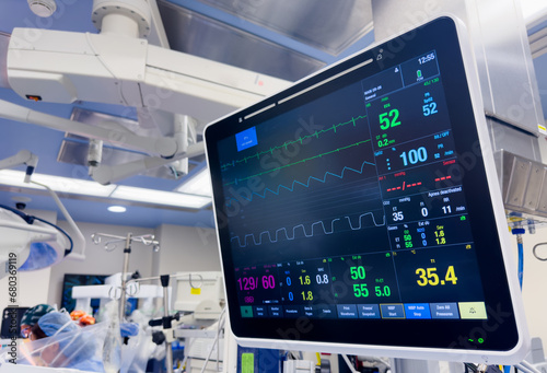 Hospital monitor displaying vital signs: heart rate, blood pressure, oxygenation, temperature, and end-tidal CO2, crucial for patient care and health assessment photo