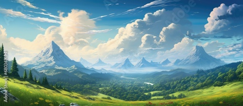 serene backdrop of a picturesque landscape, the summer sky bathed in hues of blue and green, the traveler embarked on a nature-filled adventure, surrounded by towering trees, a lush forest, and wispy