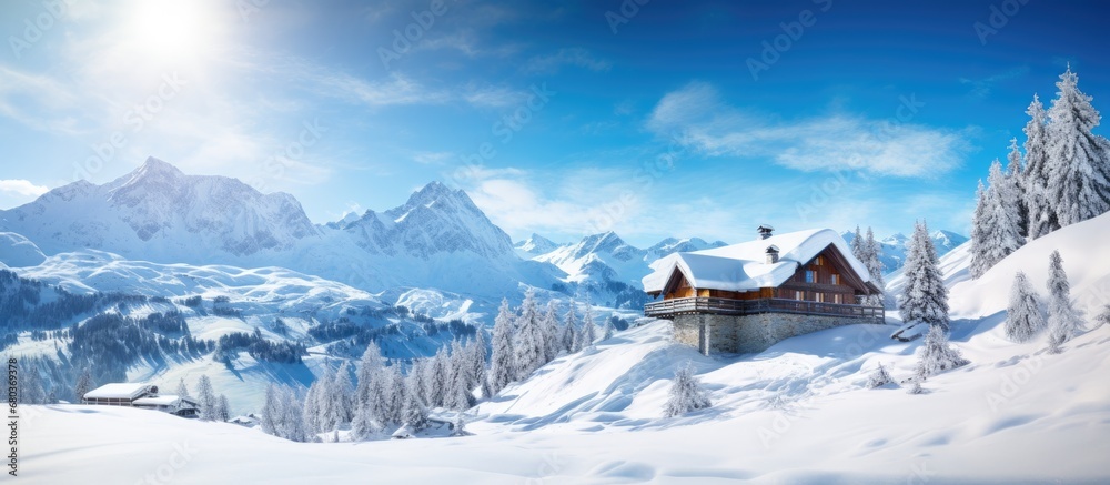 In the scenic winter landscape, the frozen mountain peaks glistened in the sunshine, reflecting the beauty of nature's snowy embrace during the Christmas holidays. The mesmerizing snowflakes danced
