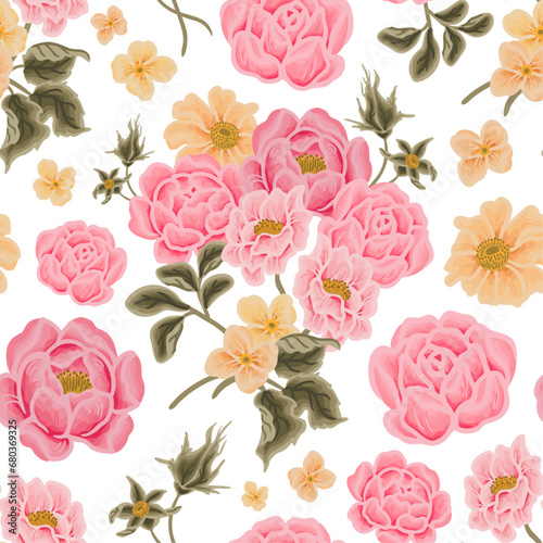 Vintage pink spring flower repeat pattern illustration with rose, peony, daisy, floral bud, wildflowers, and green leaf branch elements
