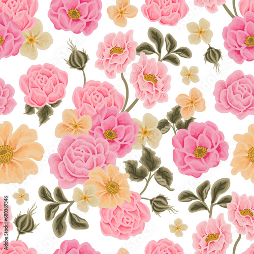 Vintage pink spring flower repeat pattern illustration with rose, peony, daisy, floral bud, and green leaf branch elements