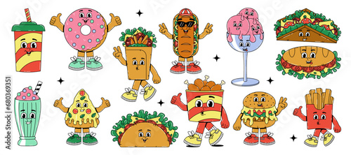 Retro groovy cartoon stickers character fast food set. Vintage mascot Hamburger, pizza, hot dog, taco, chicken wings and more with psychedelic smile and emotion. Funky vector illustration