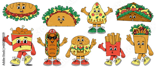 Retro groovy cartoon stickers character fast food set. Vintage mascot Hamburger, pizza, hot dog, burrito, french fries and more with psychedelic smile and emotion. Funky vector illustration