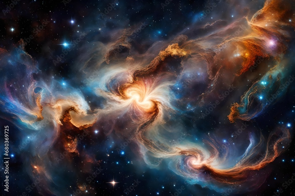 A cosmic dance of nebulae and galaxies in a celestial masterpiece.