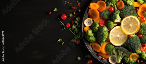 From a top view, the restaurant table showcased a plate of healthy, natural food - a red salmon fillet on a black plate, surrounded by orange carrots and a side of ice-cold steamed broccoli.