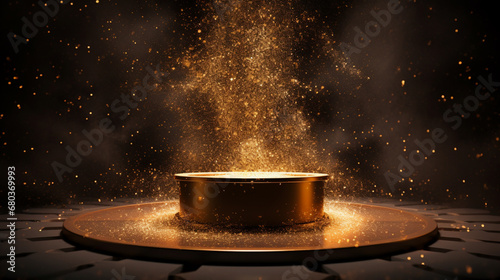 Podium with golden light lamps background. Golden light award stage with rays and sparks, wallpaper. Png, Ai Generate 