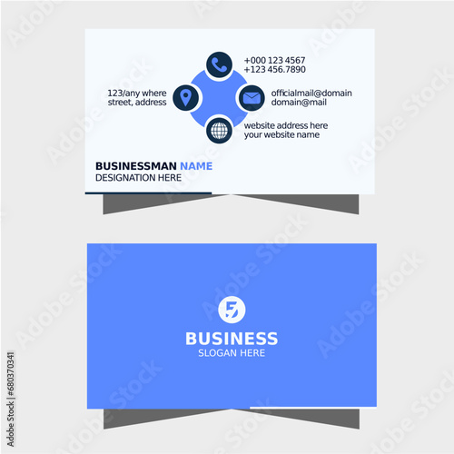 Minimal creative simple modern business card or visiting card or calling card layout design for brand, company, office, print, branding in blue, white color.