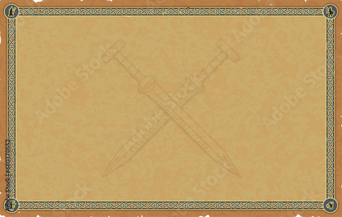 Large Medieval Parchment with Celtic Knot Frame, Fantasy Icons, Crossed Gladiuses