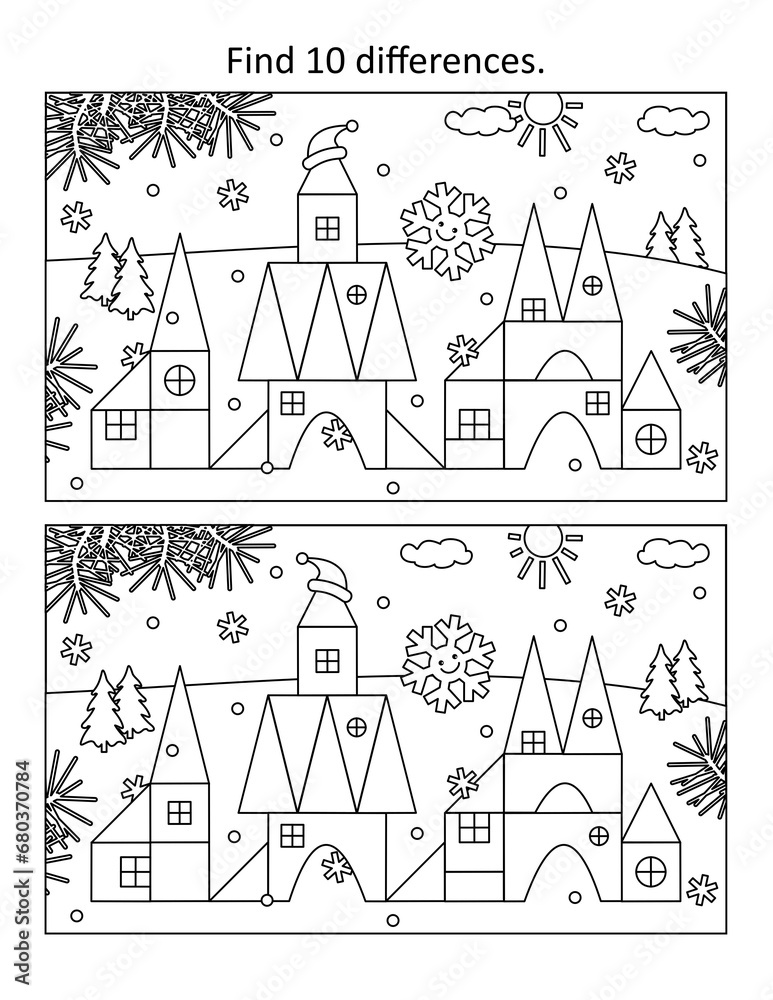Ice palace or toy town in winter difference game and coloring page. Black and white, printable.
