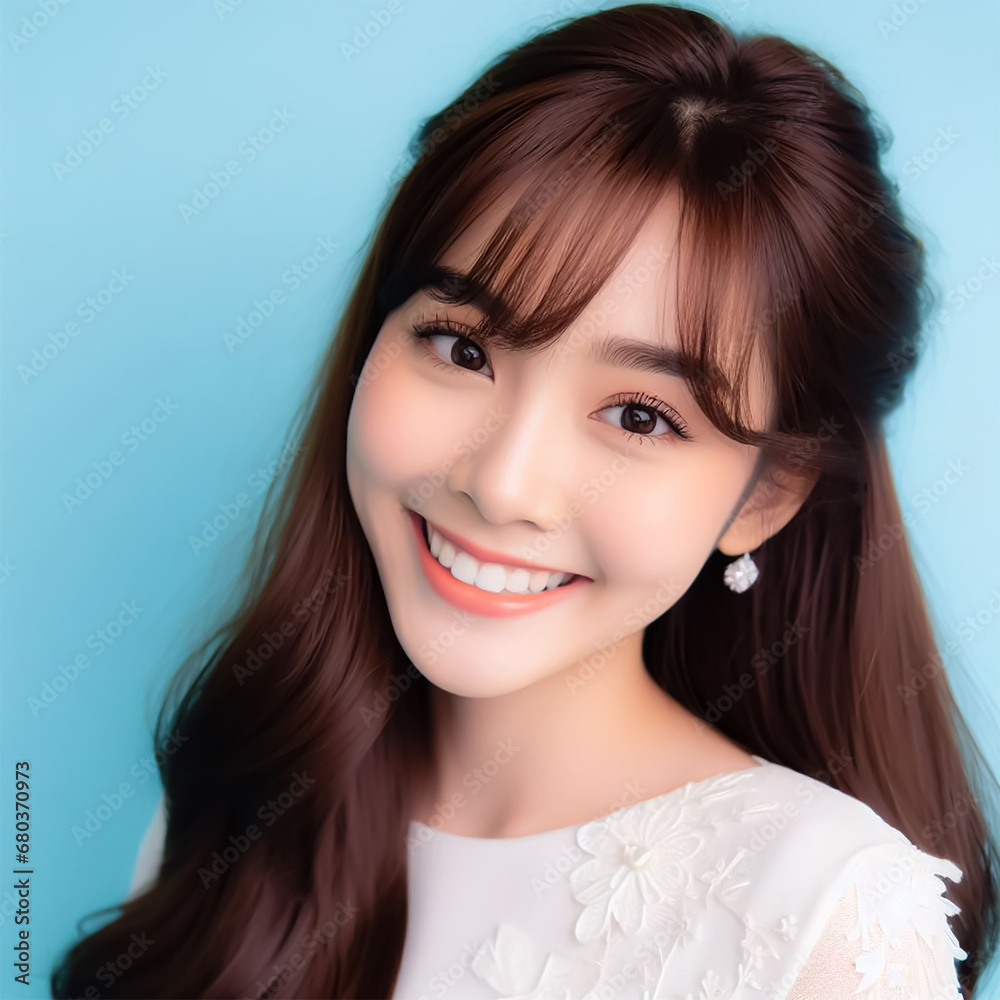 Asian woman with long hair, cute smile, bright, happy, Generative AI Asian woman with long hair, cute smile, bright, happy, Generative AI