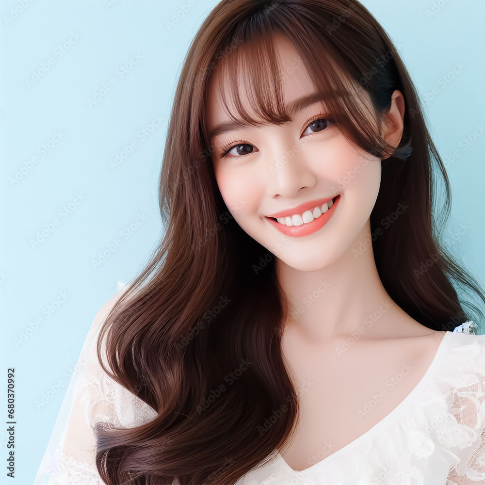 Asian woman with long hair, cute smile, bright, happy, Generative AI Asian woman with long hair, cute smile, bright, happy, Generative AI