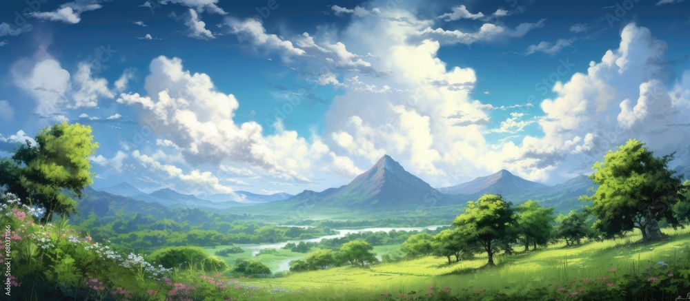 background of a summer sky, the beauty of nature unfolds with lush green trees and vibrant spring blooms, creating a picturesque landscape filled with light, space, and the floating clouds. The forest