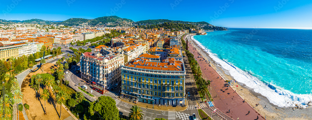 Aerial view of Nice, Nice, the capital of the Alpes-Maritimes department on the French Riviera - obrazy, fototapety, plakaty 