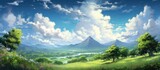 background of a summer sky, the beauty of nature unfolds with lush green trees and vibrant spring blooms, creating a picturesque landscape filled with light, space, and the floating clouds. The forest
