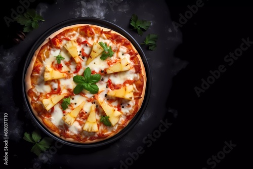 margerita pizza on black stone background, top view, margarita pizza with pineapple and mozzarella cheese. generative ai