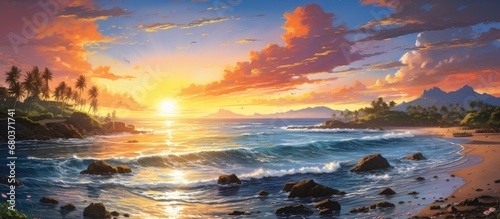 Walking along the beach, I was mesmerized by the vibrant orange hues of the sunset, painting the sky with a colorful and natural display, while the gentle sunlight illuminated the breathtaking view.