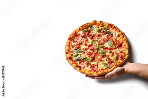 hand holding Italian pizza on white background. generative ai photo