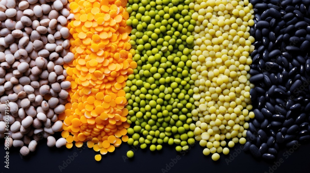 A variety of different colored beans and peas. Generative AI.