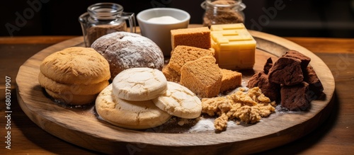 At the bakery, a wooden plate held a delightful display of sweet treats such as cake, banana muffins, and biscuits, each with a slice of butter melting on top. A fluffy chiffon sponge held pride of