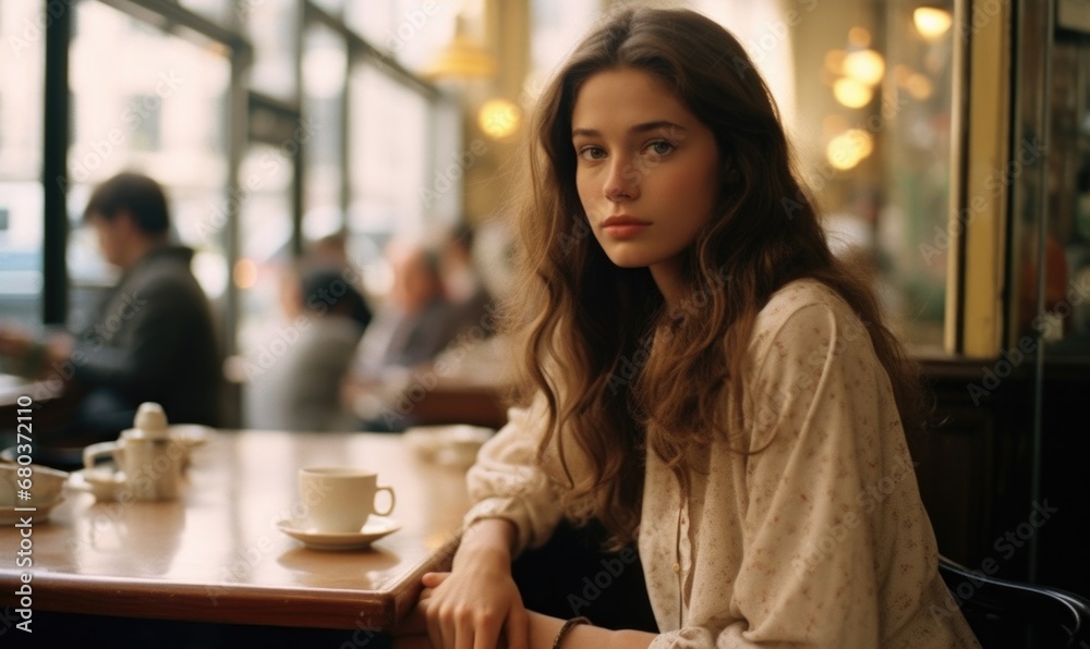 A woman sitting at a table in a cafe. Generative AI. A woman sitting at a table in a cafe. Generative AI.