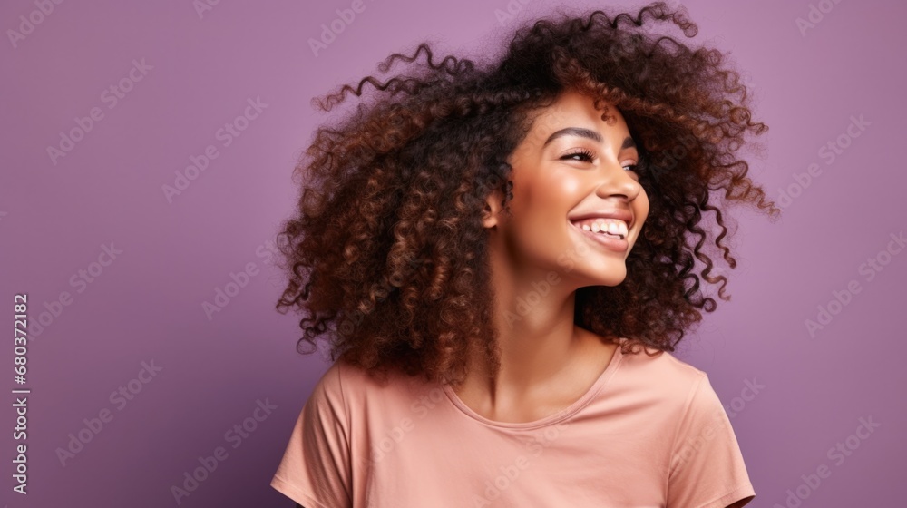 A woman with curly hair smiling. Generative AI. A woman with curly hair smiling. Generative AI.