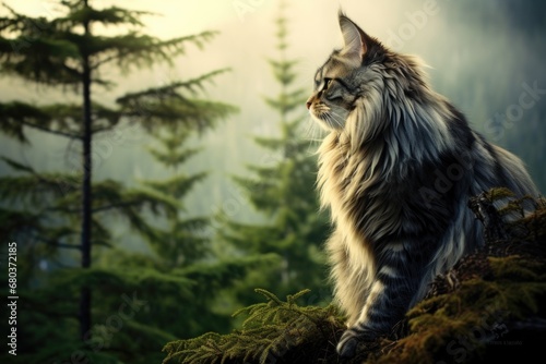 A cat sitting on a rock in the forest. Generative AI.
