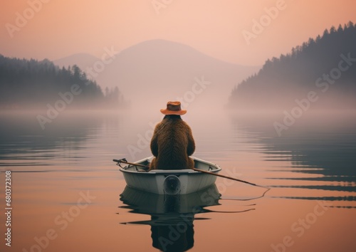A man in a boat with a hat sitting in the middle of a lake. Generative AI. photo