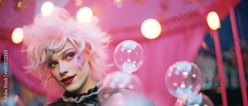 A woman with pink hair and bubble gum balloons. Generative AI.