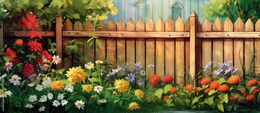 background of the flourishing garden, a well-maintained wooden fence and shed adorned in vibrant summer paint, boasting a beautiful pattern and textured design, create an artful backdrop for the home