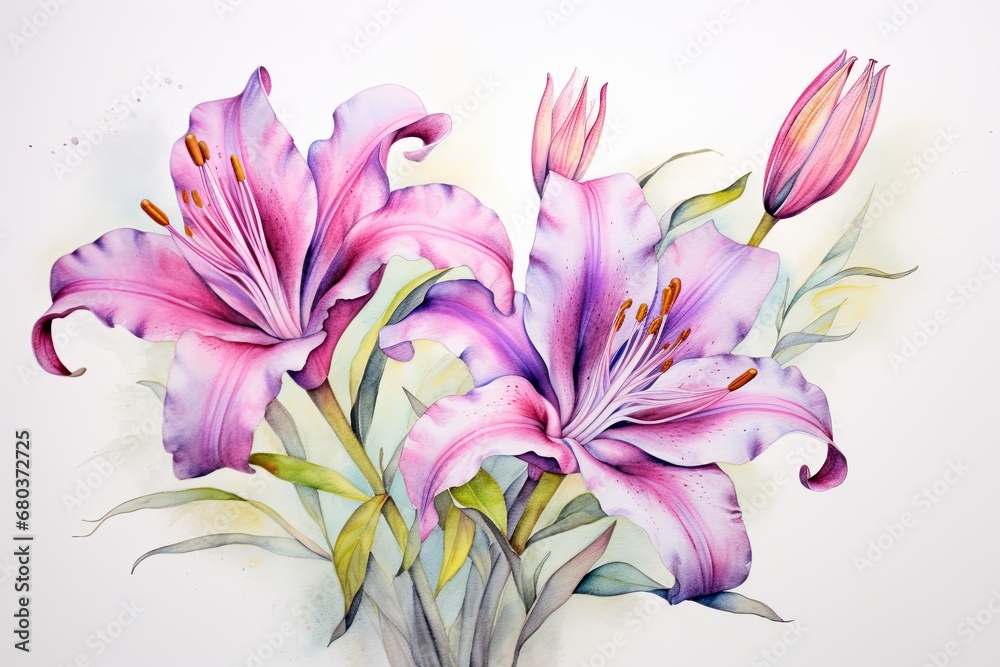 Colorful Flower Drawing: Delicate Watercolor Background