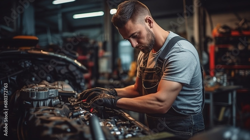 Auto mechanic working on car in mechanics garage. Repair service. Car mechanic working at automotive service center © Boraryn