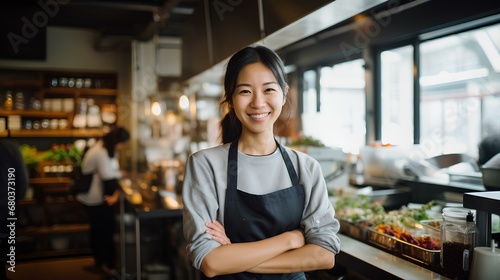a Korean woman smiles to a camera while preparing food. generative AI