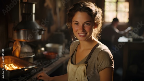 a woman smiles to a camera while preparing food. generative AI