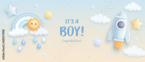 Baby shower horizontal banner, invitation or greeting card with cartoon rocket, rainbow, sun and helium balloons. It's a boy. Vector illustration