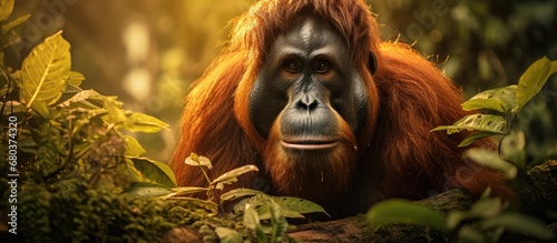 In the dense tropical jungle of Sumatra, an endangered great ape known as the orangutan roams freely, its beautiful orange fur blending with the vibrant nature of the rainforest as it swings from tree photo