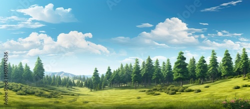 The breathtaking landscape showcased the beauty of nature with its vibrant greenery, a perfect wallpaper worthy of admiration, under the striking blue sky, while tall pine trees provided a sense of