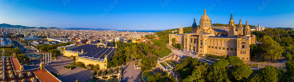 Naklejka premium Aerial view of the Montjuïc, a hill in Barcelona, Catalonia, Spain